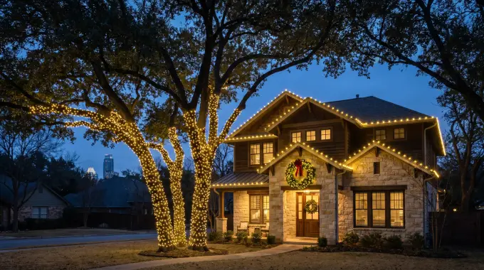 Professional Christmas light installation on a craftsman home under live oaks in Austin, TX