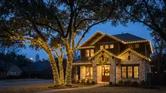 Professional Christmas light installation on a craftsman home under live oaks in Austin, TX
