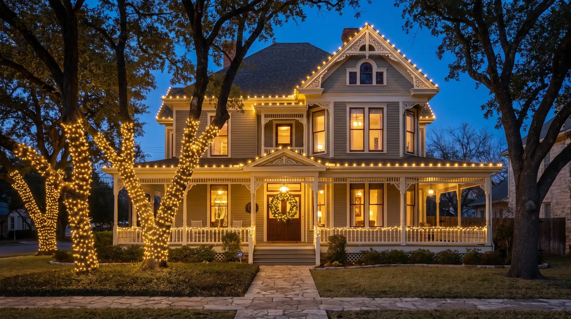 Professional Christmas light installation on a historic Victorian home in Georgetown, TX