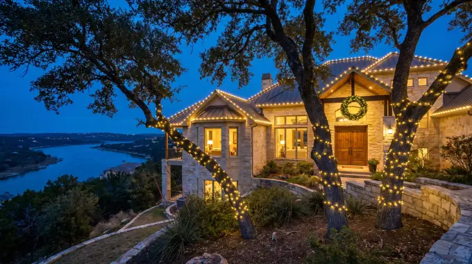 Professional Christmas light installation on a Lake Travis hillside estate in Lakeway, TX