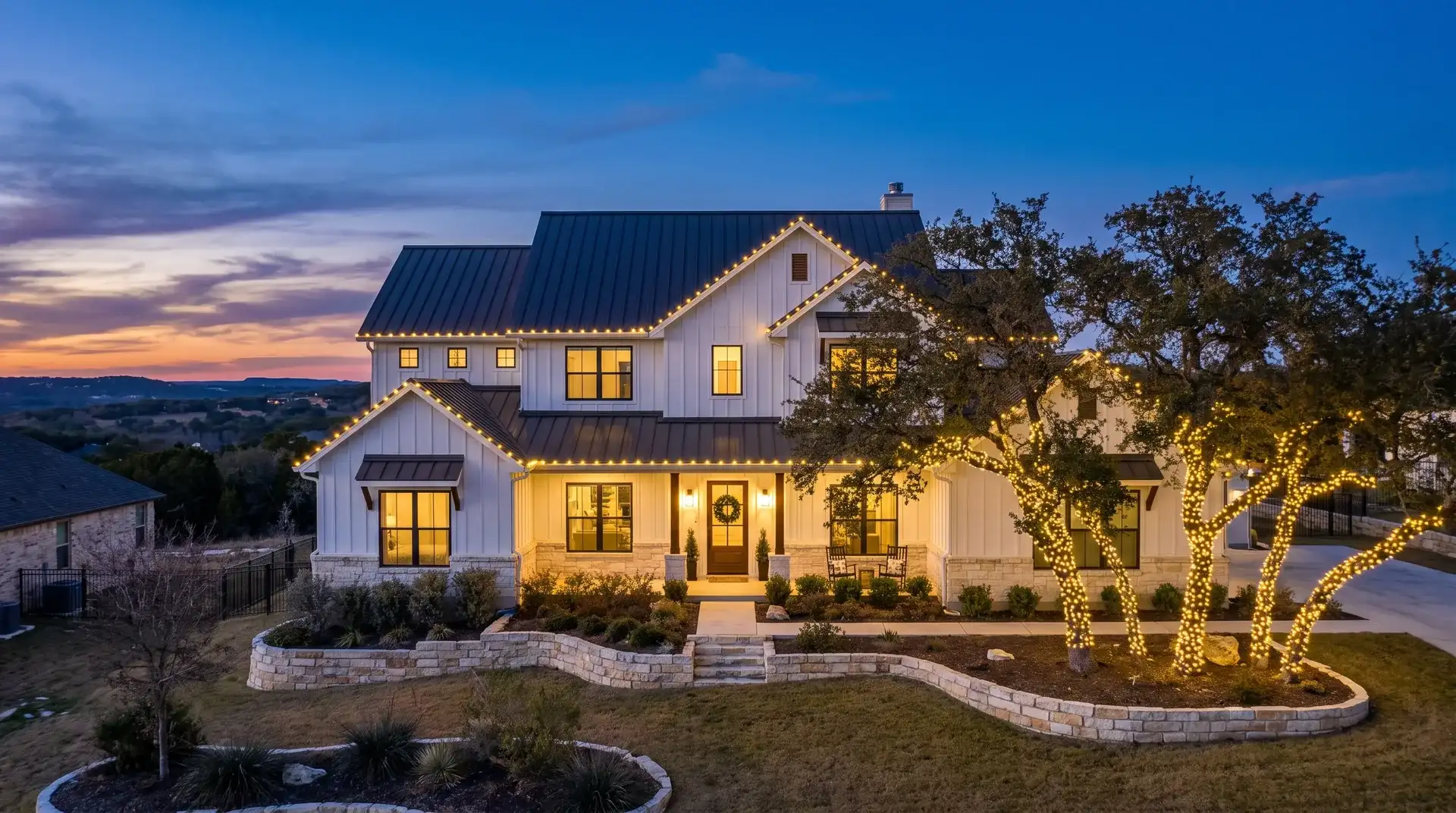 Professional Christmas light installation on a modern farmhouse home in Leander, TX