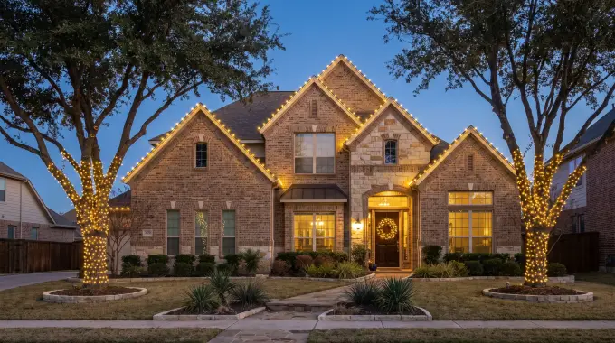 Professional Christmas light installation on a two-story suburban home in Pflugerville, TX