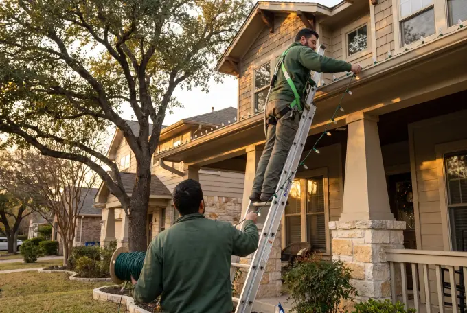 Austin Xmas Lights installation crew hanging Christmas lights on a home in Austin, Texas