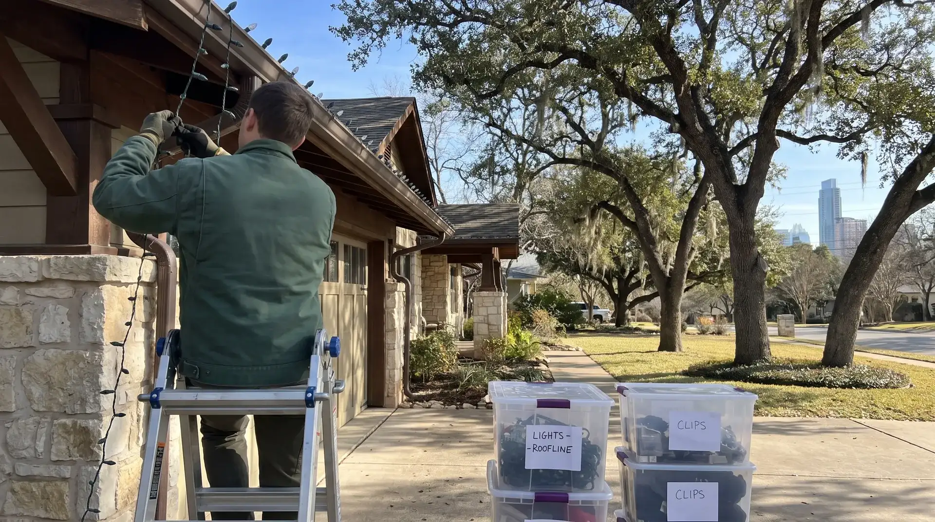 Installer taking down Christmas lights from a craftsman home under live oaks in Austin, TX for labeled storage