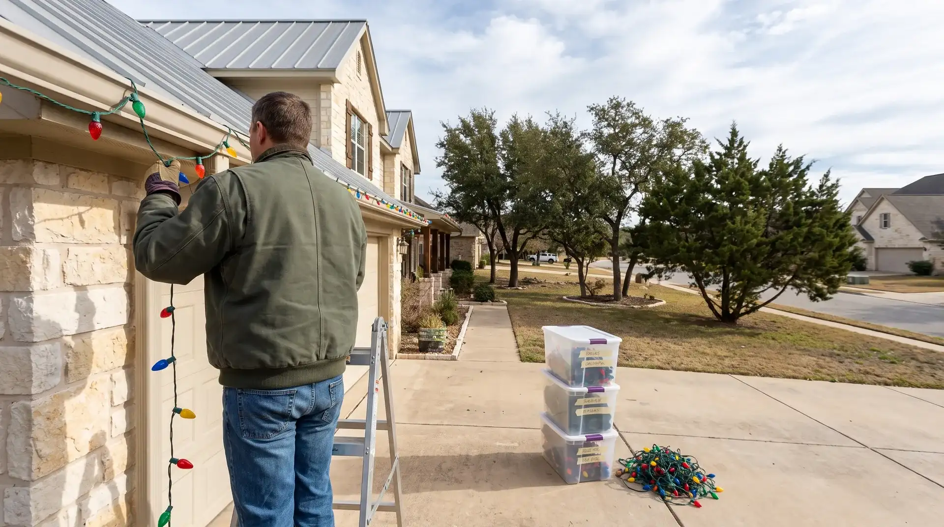 Installer taking down Christmas lights from a limestone Hill Country home in Cedar Park, TX for labeled storage