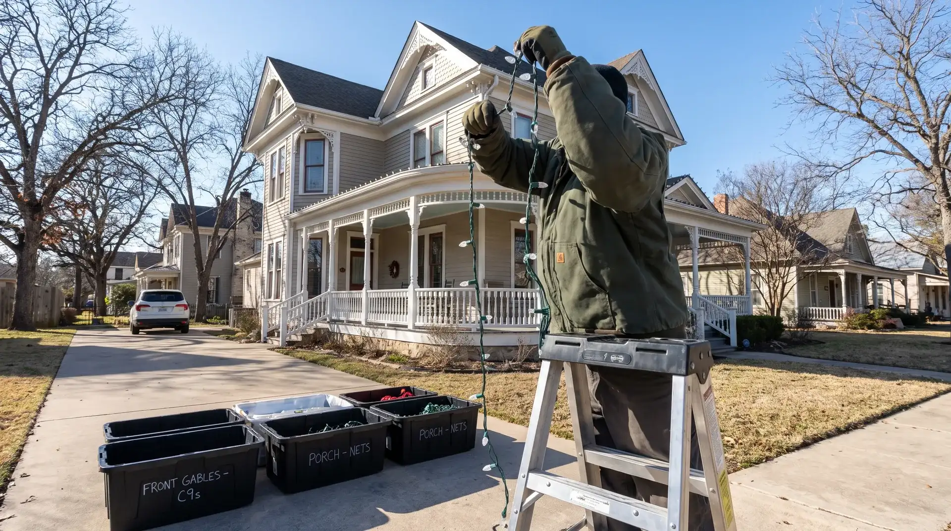 Installer taking down Christmas lights from a historic Victorian home in Georgetown, TX for labeled storage