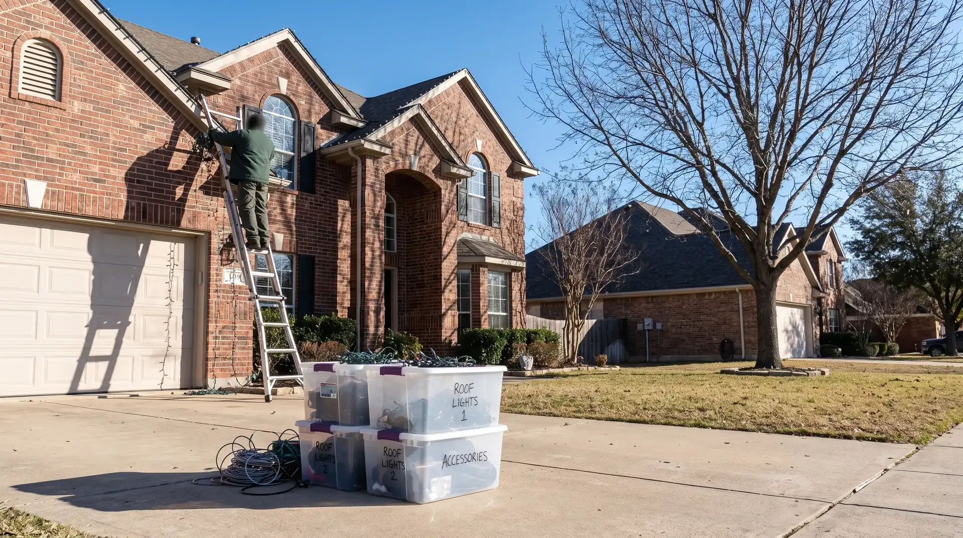 Installer taking down Christmas lights from a two-story suburban home in Pflugerville, TX for labeled storage
