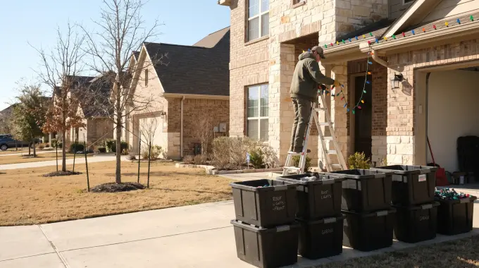 Installer taking down Christmas lights from a two-story brick home in Round Rock, TX for labeled storage