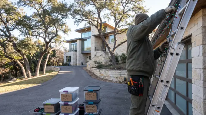 Installer taking down Christmas lights from a wooded hillside home in West Lake Hills, TX for labeled storage