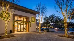 Commercial holiday lighting with wrapped trees and lit wreaths at a business in Cedar Park, TX