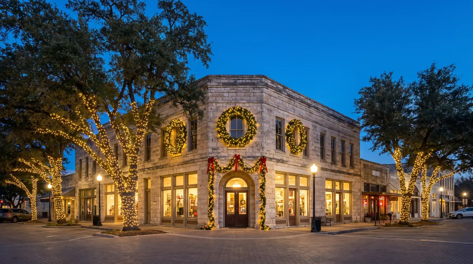 Commercial holiday lighting with wrapped trees and lit wreaths at a business in Georgetown, TX