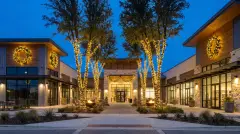Commercial holiday lighting with wrapped trees and lit wreaths at a business in Leander, TX