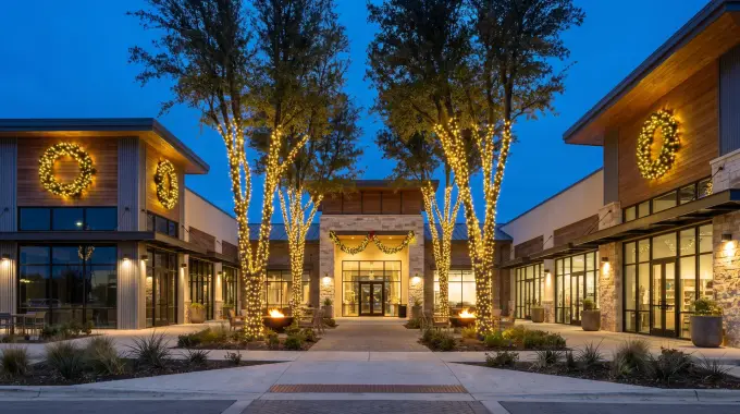 Commercial holiday lighting with wrapped trees and lit wreaths at a business in Leander, TX