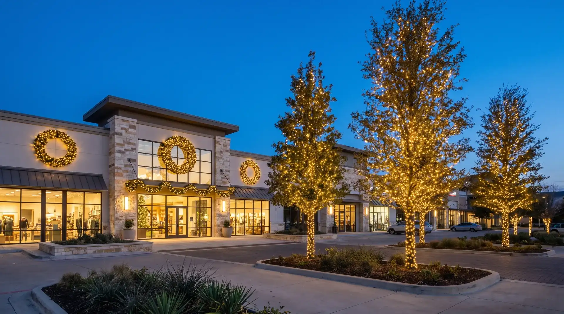 Commercial holiday lighting with wrapped trees and lit wreaths at a business in Pflugerville, TX
