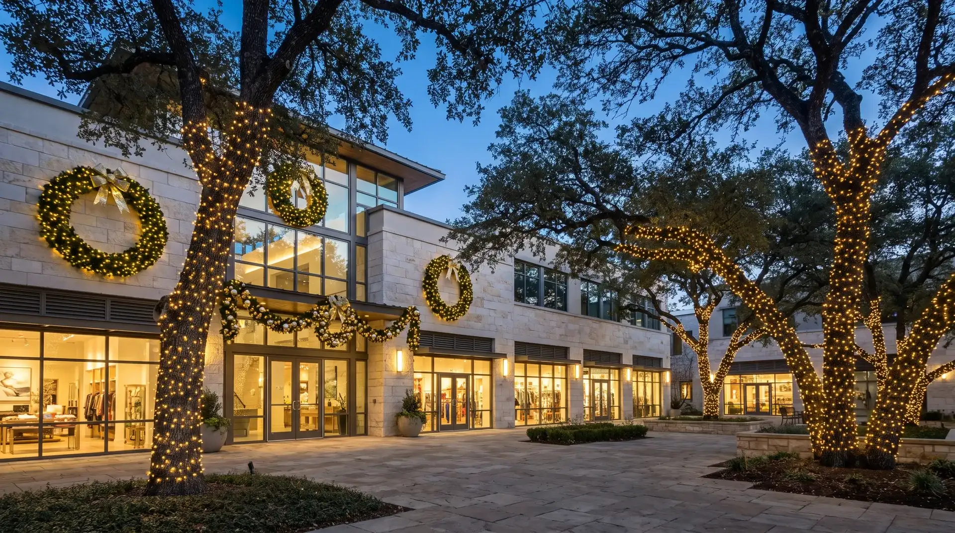 Commercial holiday lighting with wrapped trees and lit wreaths at a business in West Lake Hills, TX