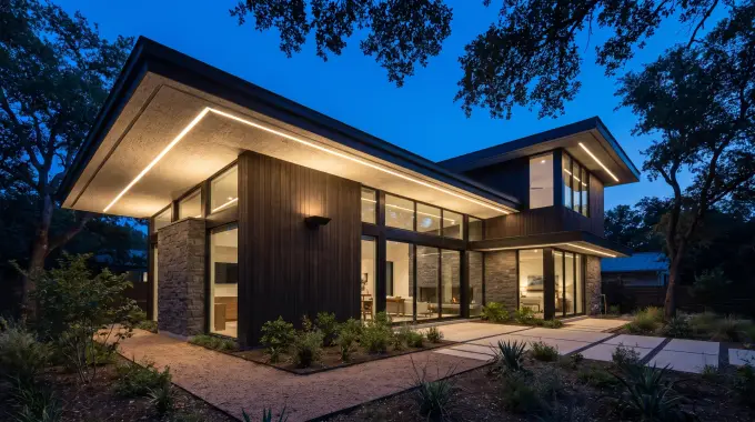 Permanent LED Christmas lights hidden under the eaves of a home in Austin, Texas