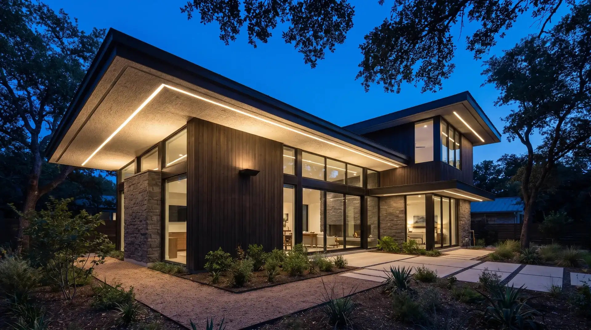 Permanent LED Christmas lights hidden under the eaves of a home in Austin, Texas