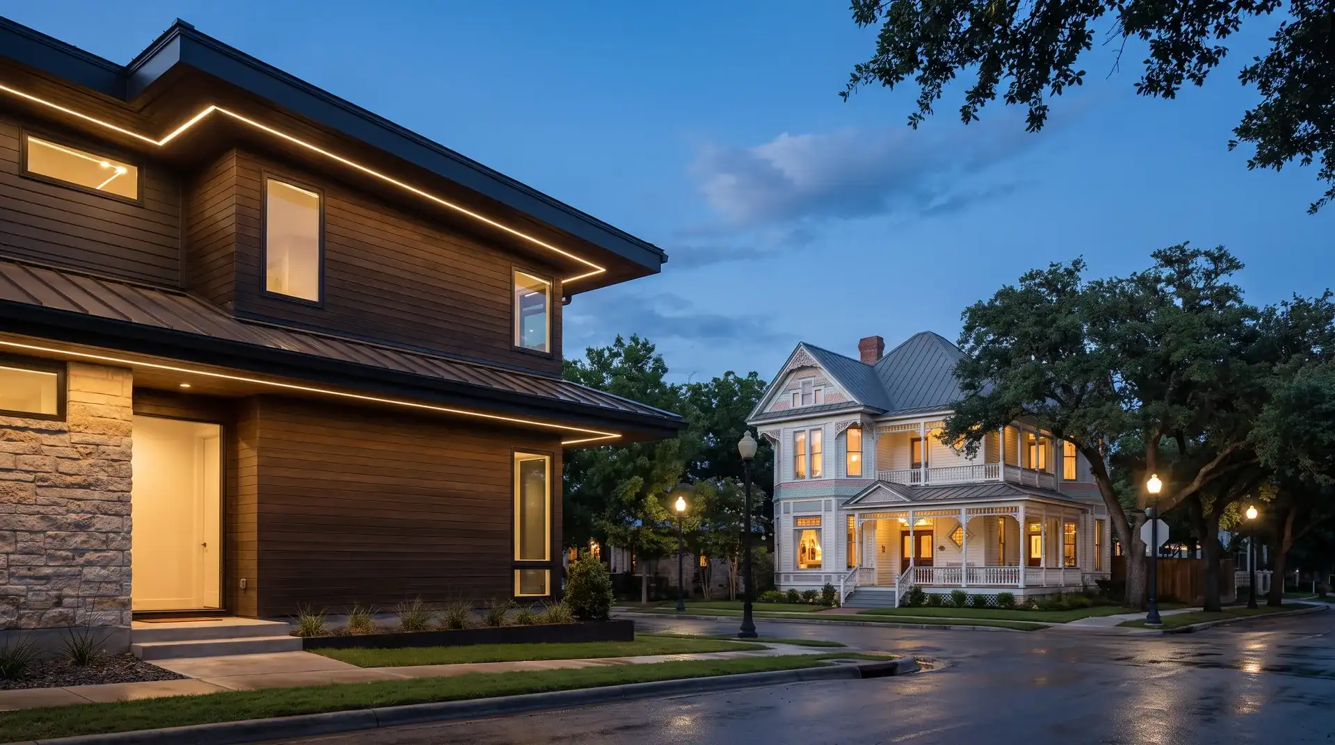 Permanent LED Christmas lights hidden under the eaves of a historic Victorian home in Georgetown, TX