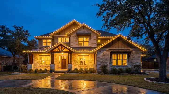 Custom-fit warm-white C9 Christmas lights outlining the roofline of a home in Austin, Texas