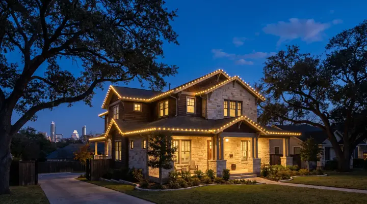 Custom-fit warm-white C9 Christmas lights outlining the roofline of a craftsman home under live oaks in Austin, TX