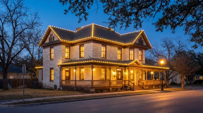 Custom-fit warm-white C9 Christmas lights outlining the roofline of a historic Victorian home in Georgetown, TX