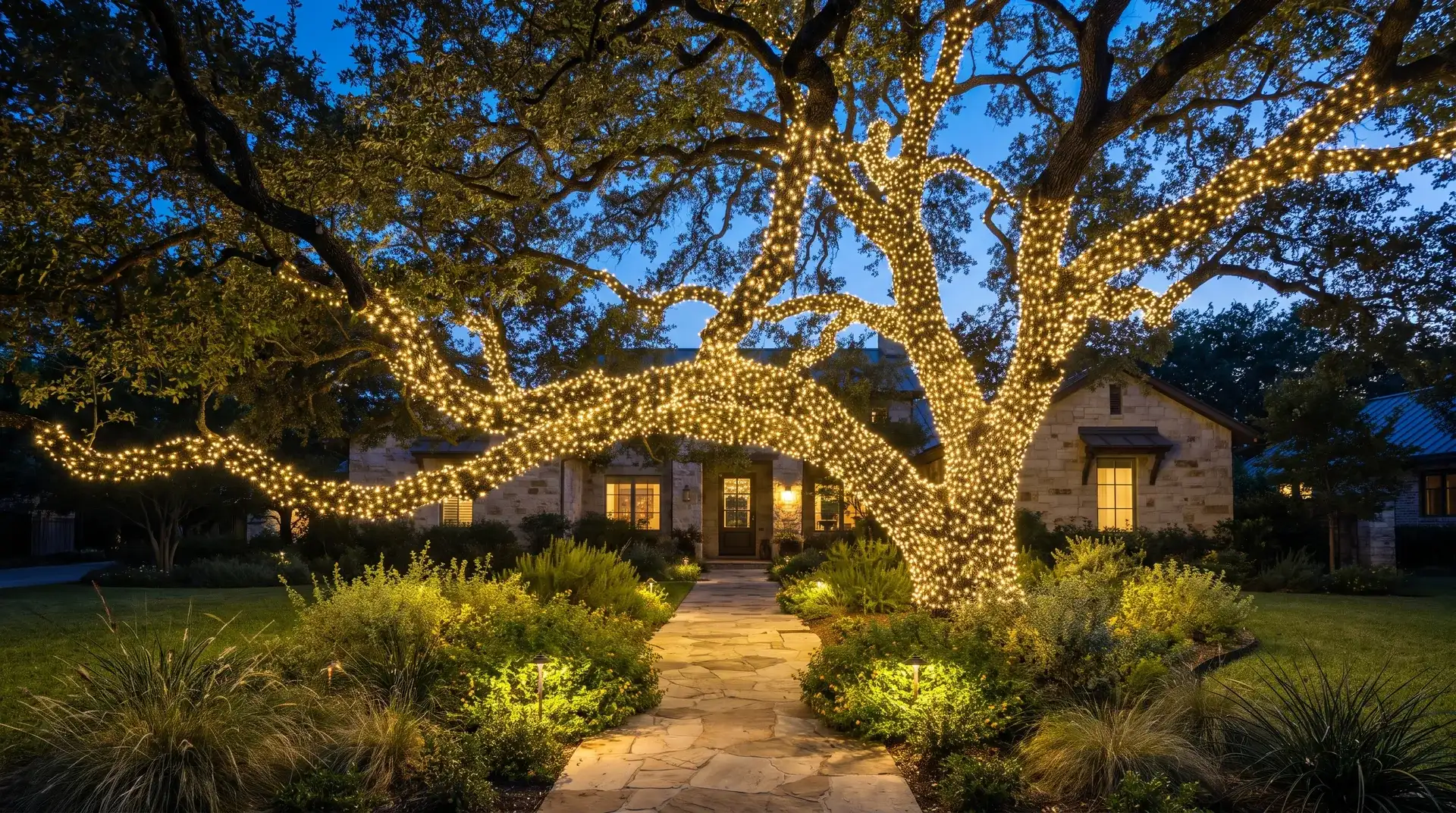 Live oak wrapped in Christmas lights with lit landscaping at a home in Austin, Texas
