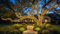Live oak wrapped in Christmas lights with lit landscaping at a home in Austin, Texas