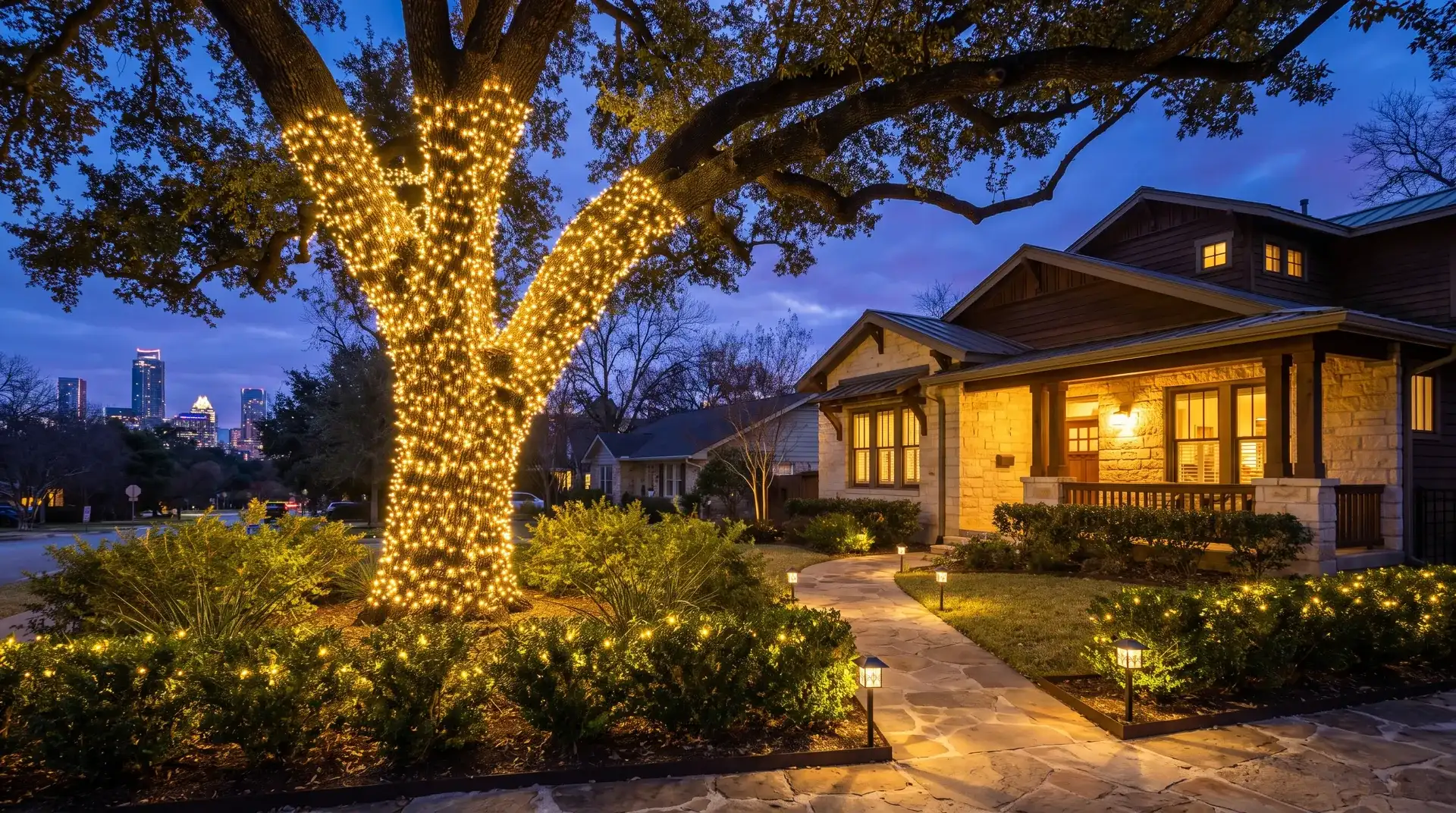 Live oak wrapped in Christmas lights with lit landscaping at a craftsman home under live oaks in Austin, TX
