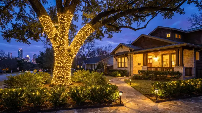 Live oak wrapped in Christmas lights with lit landscaping at a craftsman home under live oaks in Austin, TX