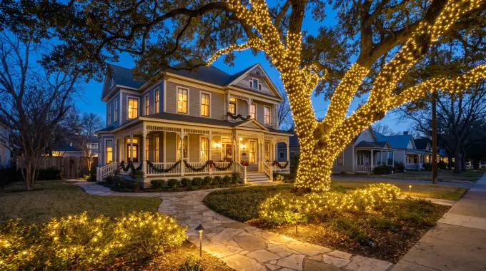 Live oak wrapped in Christmas lights with lit landscaping at a historic Victorian home in Georgetown, TX
