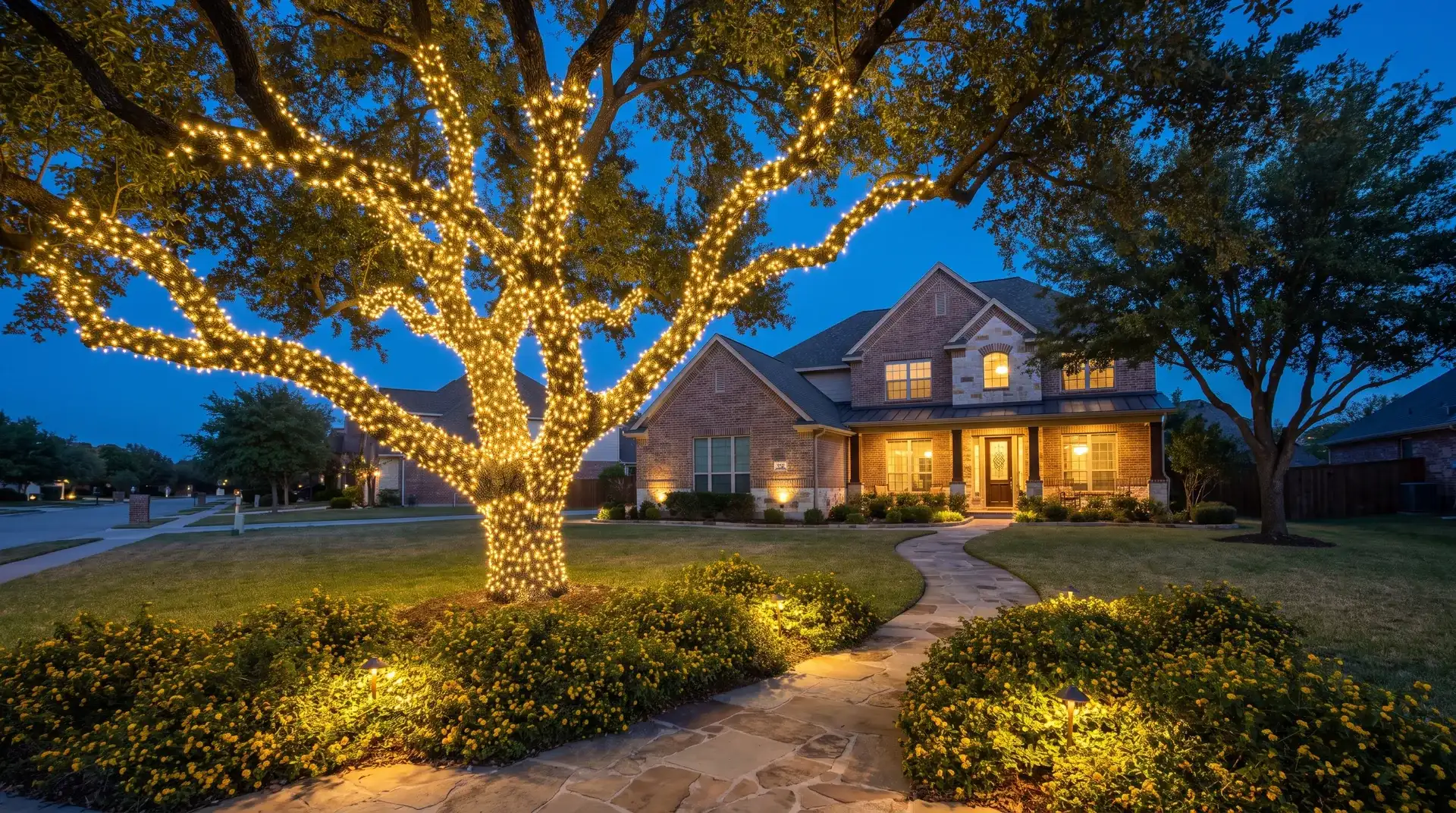 Live oak wrapped in Christmas lights with lit landscaping at a two-story suburban home in Pflugerville, TX