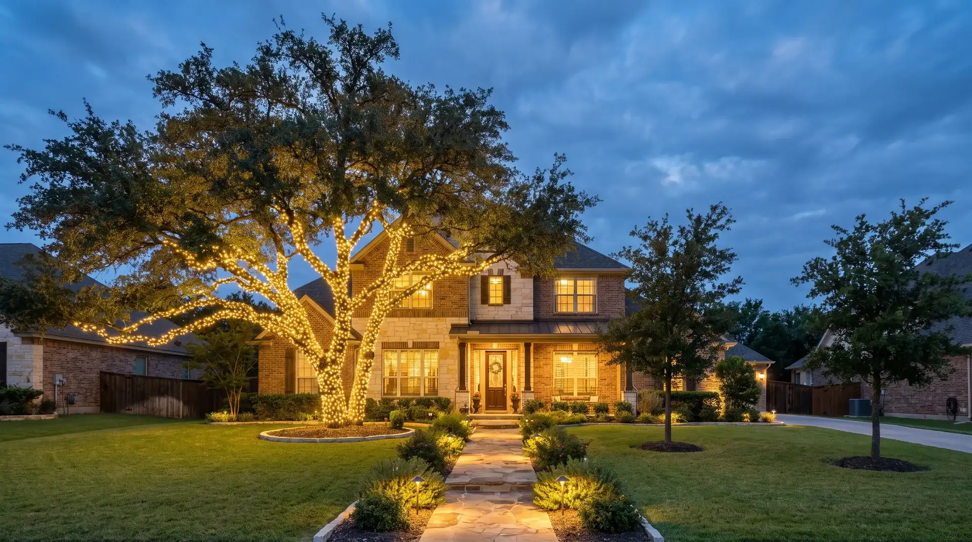 Live oak wrapped in Christmas lights with lit landscaping at a two-story brick home in Round Rock, TX