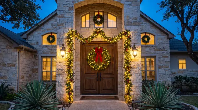 Pre-lit wreath and garland installed on the front entry of a home in Austin, Texas