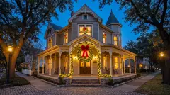 Pre-lit wreath and garland installed on the front entry of a historic Victorian home in Georgetown, TX