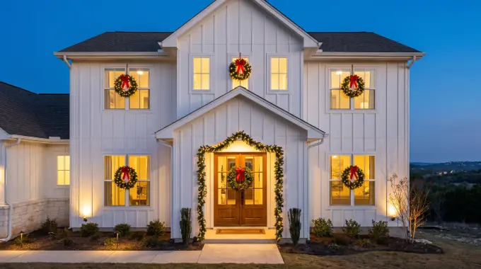 Pre-lit wreath and garland installed on the front entry of a modern farmhouse home in Leander, TX