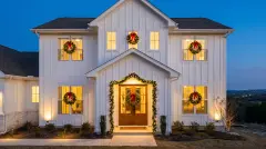 Pre-lit wreath and garland installed on the front entry of a modern farmhouse home in Leander, TX